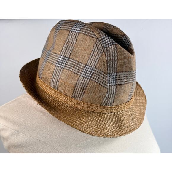 Vintage Borsalino Plaid Tweed Fedora Hat w/Straw Brim size S/M - Picture 2 of 12